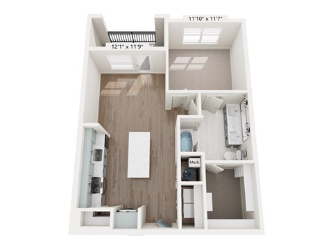 A white image of a house layout with a kitchen, living room, and bathroom.